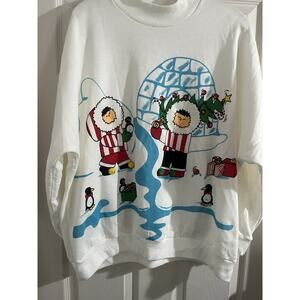 Vintage Winter Eskimo Christmas Sweatshirt Sz 2-3X Igloo Penguin